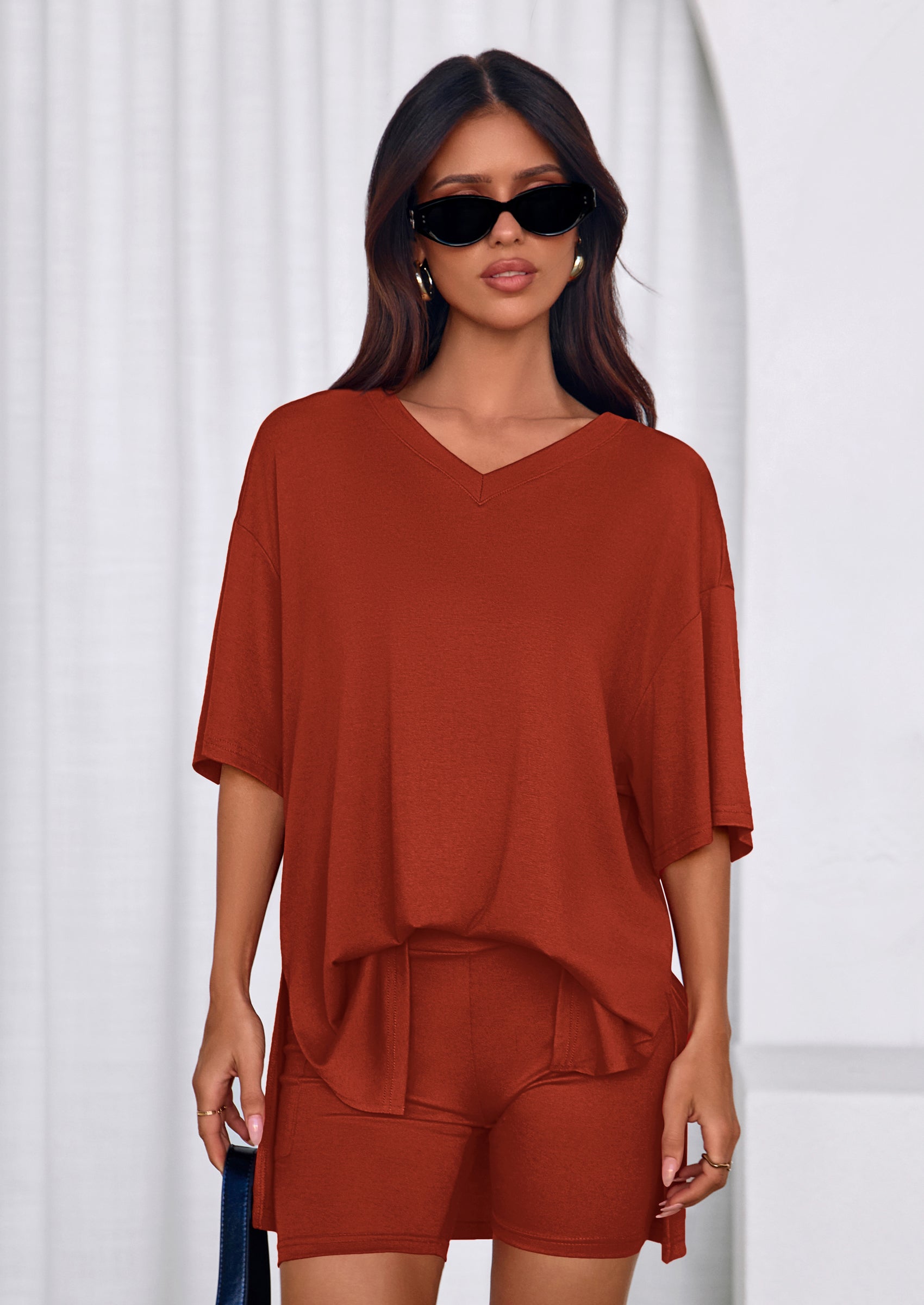 Osonn 2 Piece Sets for Women Summer Lounge Short Set Spring Matching Biker Shorts V Neck Oversized Shirt Clothing