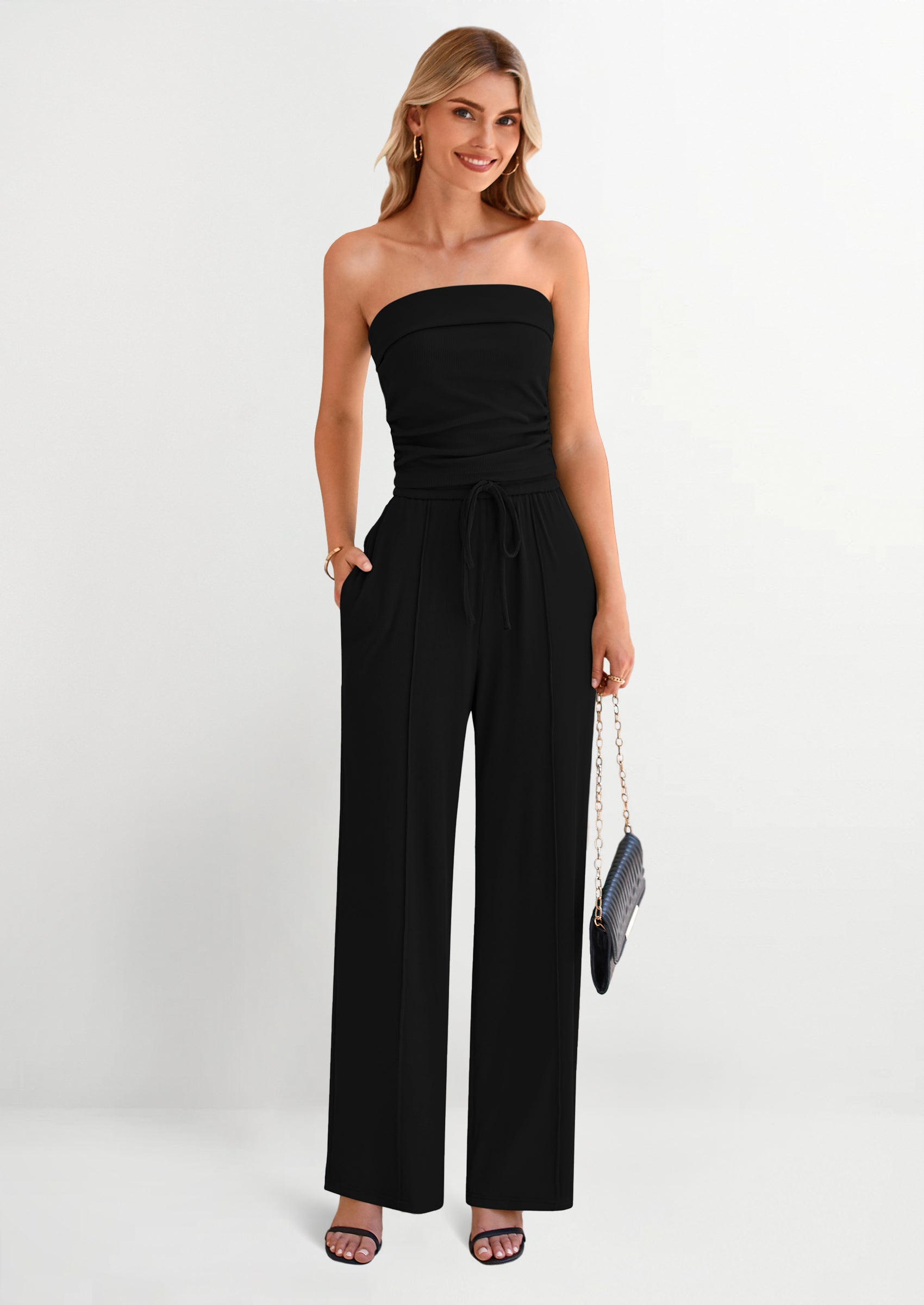 Osonn 2 Piece Sets Casual Ribbed Knit Crop Tube Top Wide Leg Pants Lounge Set
