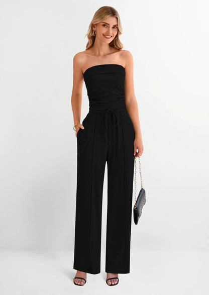Osonn 2 Piece Sets Casual Ribbed Knit Crop Tube Top Wide Leg Pants Lounge Set
