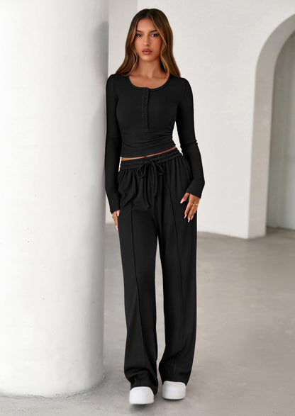 Osonn Women's Fall Trendy 2 Piece Outfits Lounge Sets Long Sleeve Top Henley Shirts Wide Leg Pants Travel Clothes