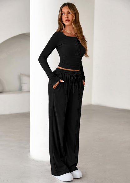 Osonn Women's Fall Trendy 2 Piece Outfits Lounge Sets Long Sleeve Top Henley Shirts Wide Leg Pants Travel Clothes