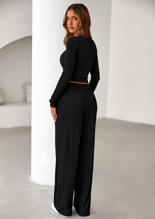 Osonn Women's Fall Trendy 2 Piece Outfits Lounge Sets Long Sleeve Top Henley Shirts Wide Leg Pants Travel Clothes