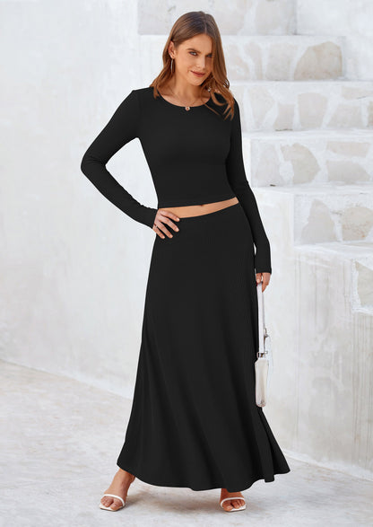 Osonn 2 Piece Casual Ribbed Knit Long Sleeve Crop Tops Maxi Flowy Skirts Matching Sets