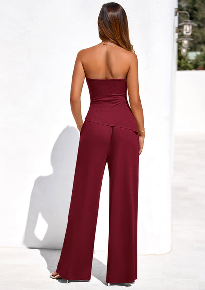 Osonn Summer Sets Women 2 Piece Outfits Asymmetrical Tube Tops and Pants Beach Vacation Airport Matching Lounge Set