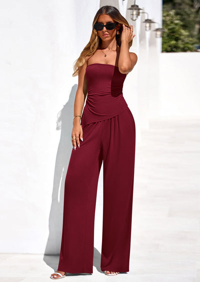 Osonn Summer Sets Women 2 Piece Outfits Asymmetrical Tube Tops and Pants Beach Vacation Airport Matching Lounge Set
