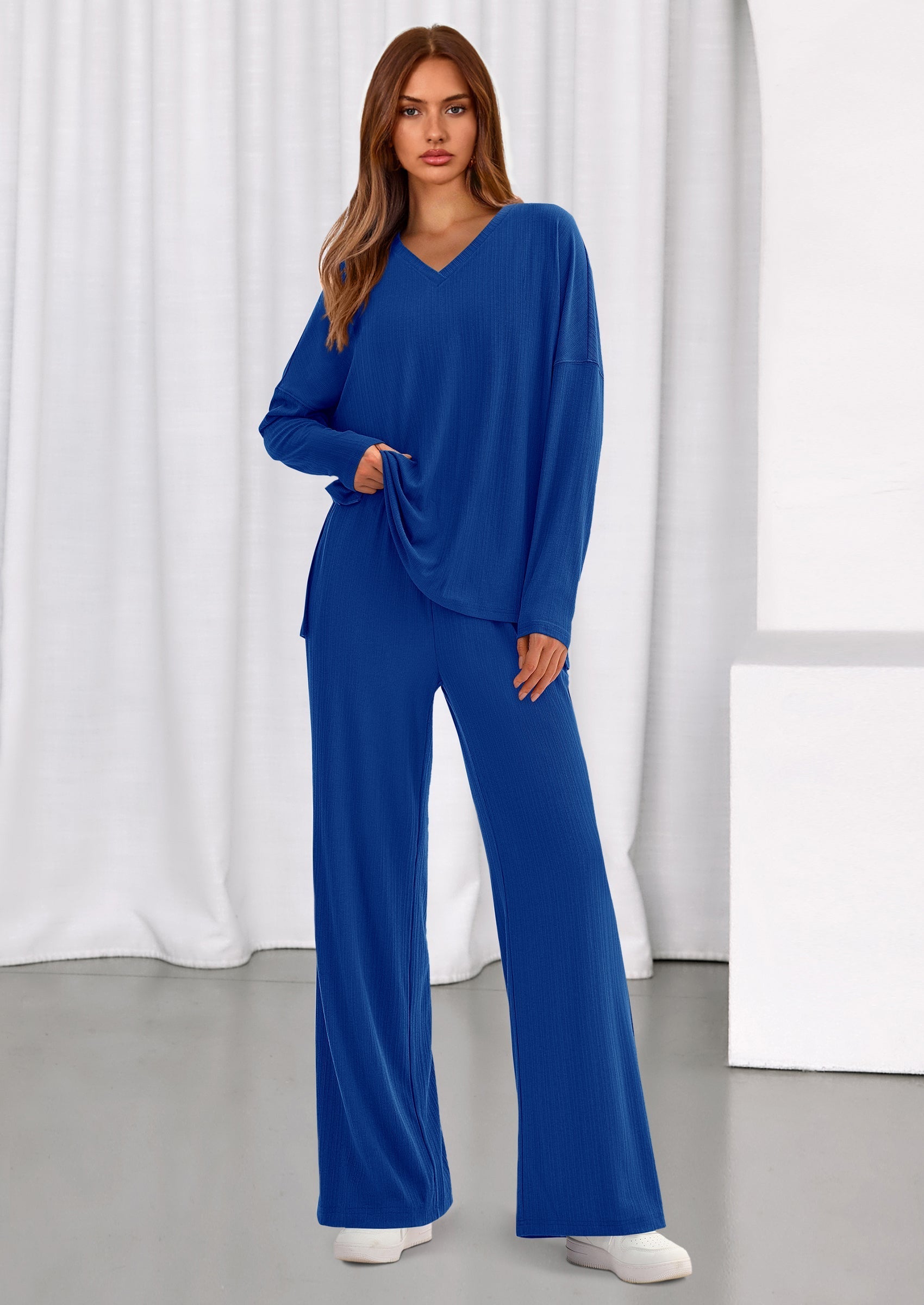Osonn 2 Piece Lounge Sets for Women Fall Outfits Casual Loose Long Sleeve Tops Wide Leg Pants Matching Pajama Set