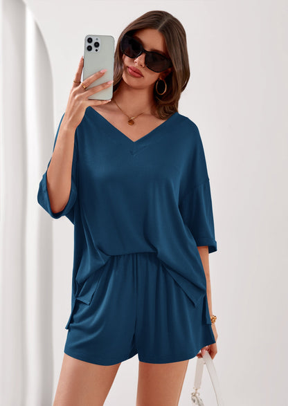 Osonn Womens 2 Piece Sets Oversized Vneck Half Sleeve Tops Shorts Lounge Set Casual Summer Travel Beach Outfits