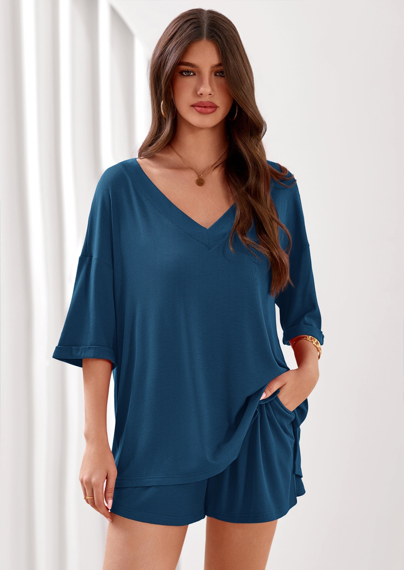 Osonn Womens 2 Piece Sets Oversized Vneck Half Sleeve Tops Shorts Lounge Set Casual Summer Travel Beach Outfits