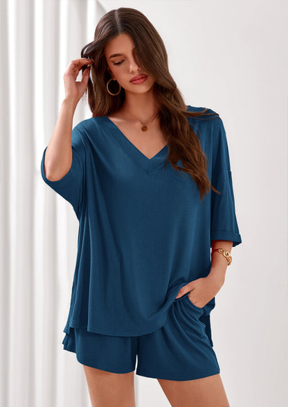 Osonn Womens 2 Piece Sets Oversized Vneck Half Sleeve Tops Shorts Lounge Set Casual Summer Travel Beach Outfits