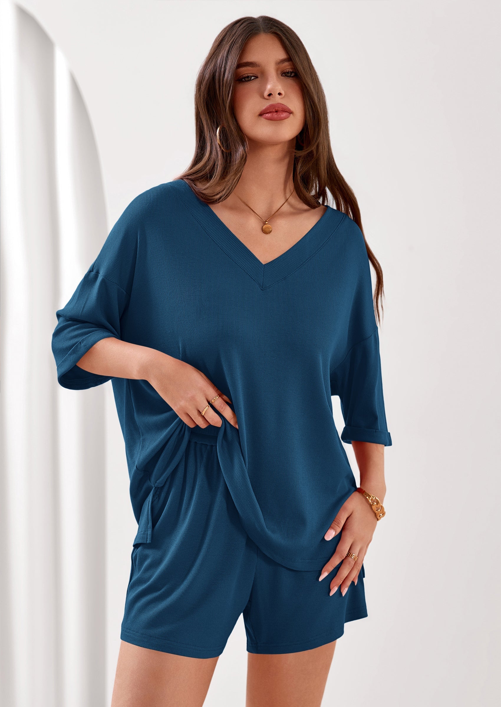 Osonn Womens 2 Piece Sets Oversized Vneck Half Sleeve Tops Shorts Lounge Set Casual Summer Travel Beach Outfits