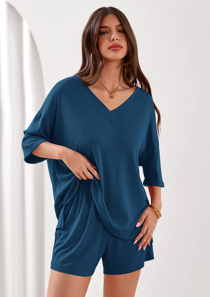 Osonn Womens 2 Piece Sets Oversized Vneck Half Sleeve Tops Shorts Lounge Set Casual Summer Travel Beach Outfits