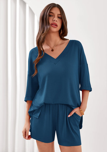Osonn Womens 2 Piece Sets Oversized Vneck Half Sleeve Tops Shorts Lounge Set Casual Summer Travel Beach Outfits