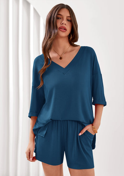 Osonn Womens 2 Piece Sets Oversized Vneck Half Sleeve Tops Shorts Lounge Set Casual Summer Travel Beach Outfits