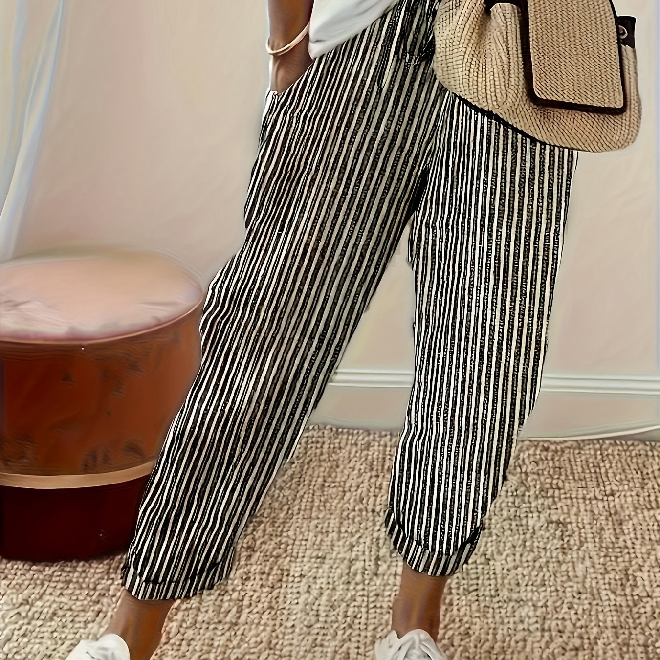 Women's Striped Wide-Leg Casual Pants - High-Waisted, Lightweight Polyester, Machine Washable, All-Season Comfort with Side Stripe Detail