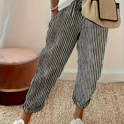 Women's Striped Wide-Leg Casual Pants - High-Waisted, Lightweight Polyester, Machine Washable, All-Season Comfort with Side Stripe Detail