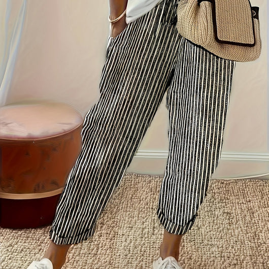 Women's Striped Wide-Leg Casual Pants - High-Waisted, Lightweight Polyester, Machine Washable, All-Season Comfort with Side Stripe Detail