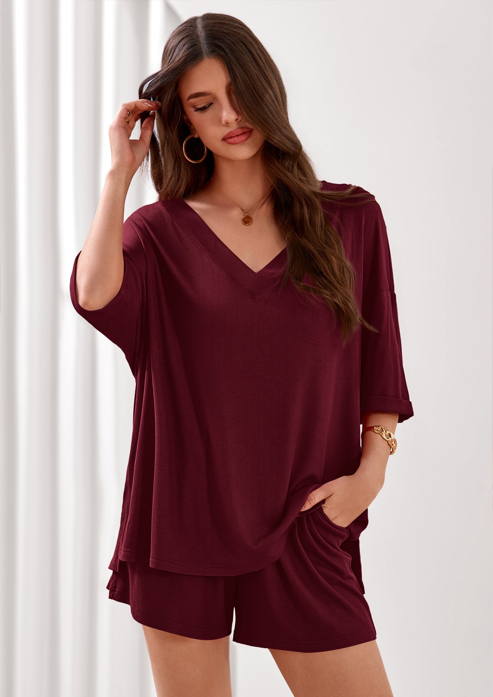 Osonn Womens 2 Piece Sets Oversized Vneck Half Sleeve Tops Shorts Lounge Set Casual Summer Travel Beach Outfits