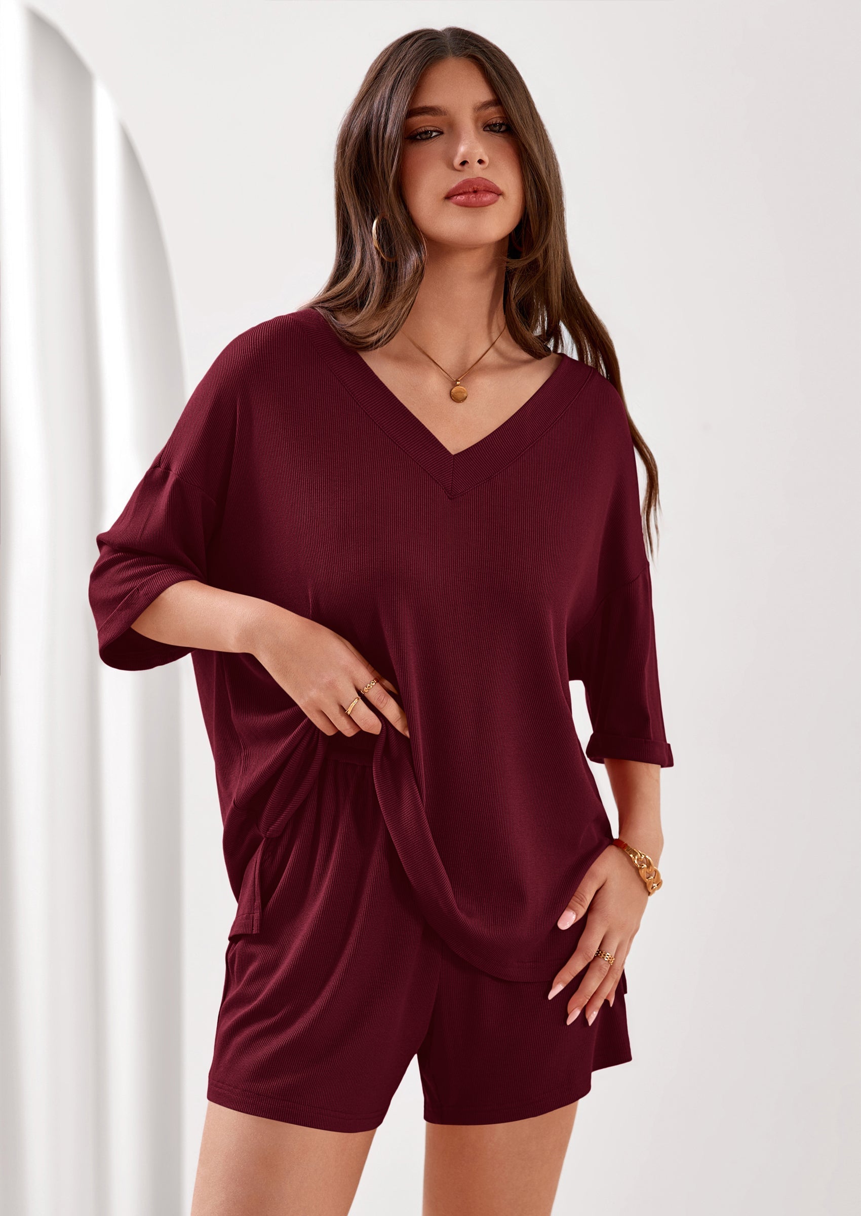 Osonn Womens 2 Piece Sets Oversized Vneck Half Sleeve Tops Shorts Lounge Set Casual Summer Travel Beach Outfits