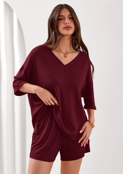 Osonn Womens 2 Piece Sets Oversized Vneck Half Sleeve Tops Shorts Lounge Set Casual Summer Travel Beach Outfits