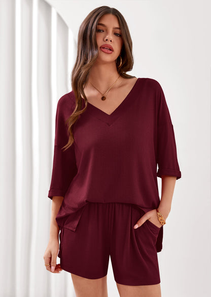 Osonn Womens 2 Piece Sets Oversized Vneck Half Sleeve Tops Shorts Lounge Set Casual Summer Travel Beach Outfits
