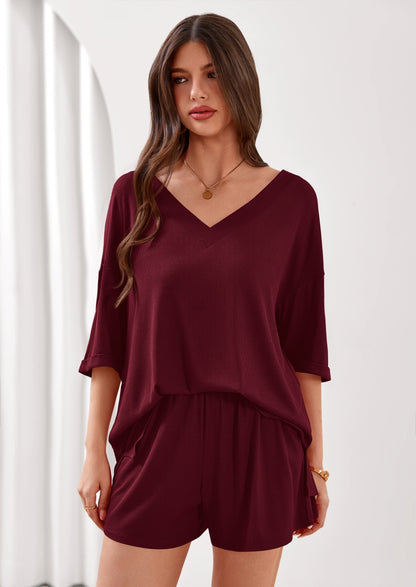 Osonn Womens 2 Piece Sets Oversized Vneck Half Sleeve Tops Shorts Lounge Set Casual Summer Travel Beach Outfits