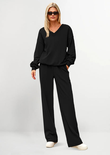 Osonn Casual Winter Two Piece Sets for Women V Neck Sweatshirt Loose Wide Leg Pants Tracksuit Knit Fall Outfits