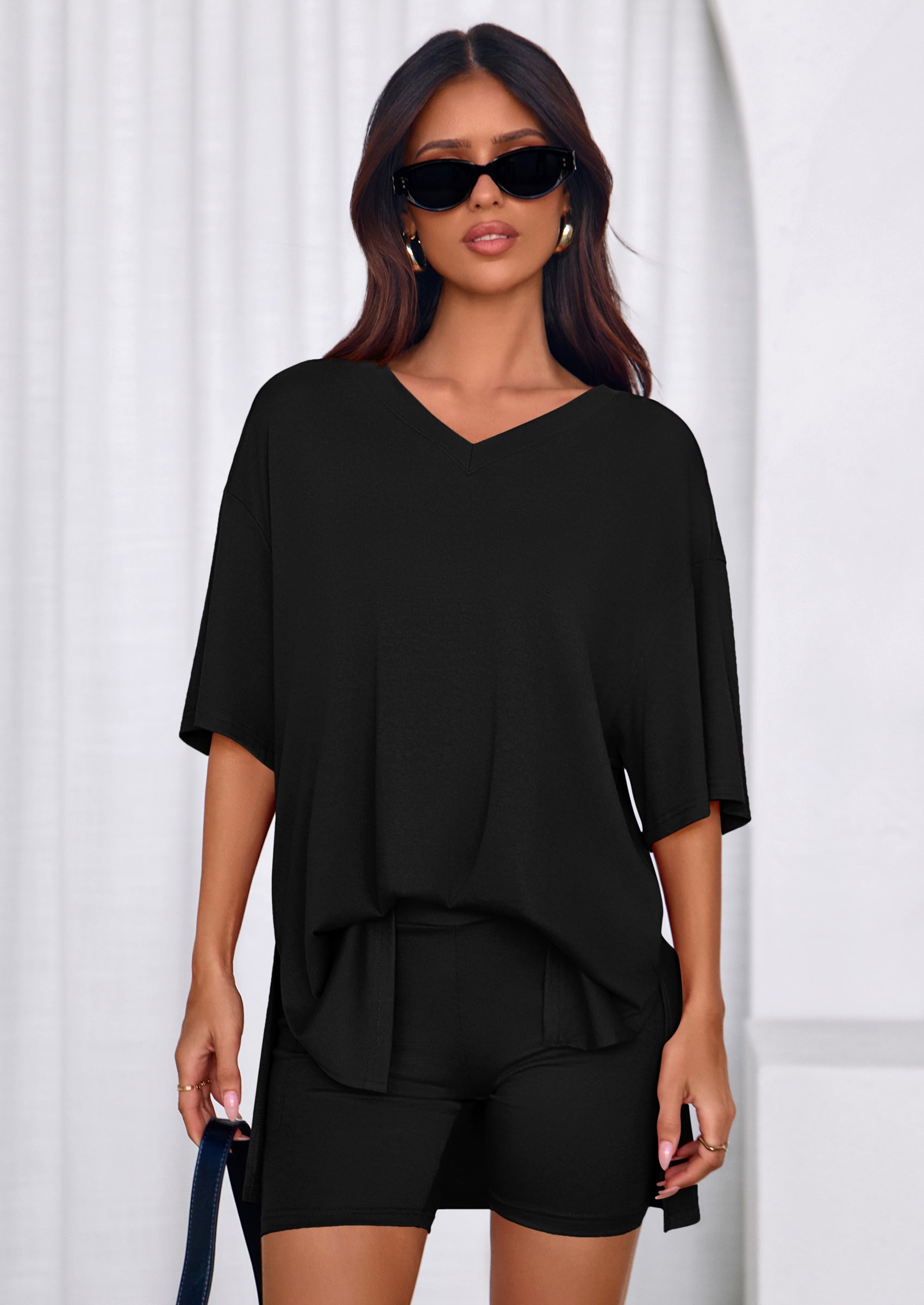 Osonn 2 Piece Sets for Women Summer Lounge Short Set Spring Matching Biker Shorts V Neck Oversized Shirt Clothing