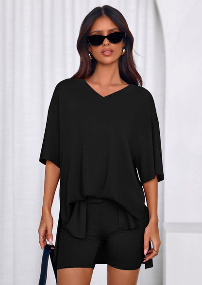 Osonn 2 Piece Sets for Women Summer Lounge Short Set Spring Matching Biker Shorts V Neck Oversized Shirt Clothing