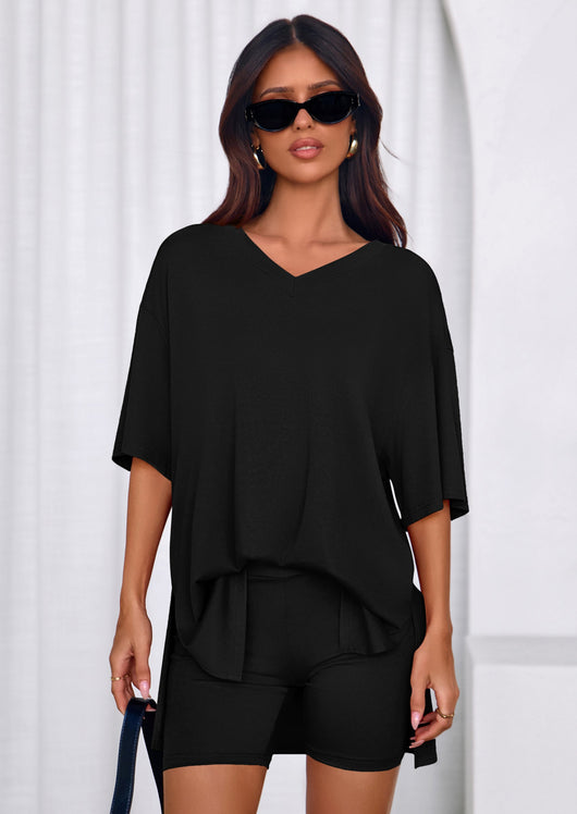 Osonn 2 Piece Sets for Women Summer Lounge Short Set Spring Matching Biker Shorts V Neck Oversized Shirt Clothing