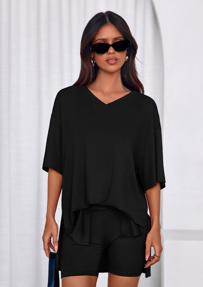 Osonn 2 Piece Sets for Women Summer Lounge Short Set Spring Matching Biker Shorts V Neck Oversized Shirt Clothing