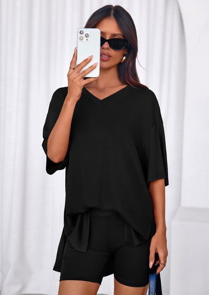 Osonn 2 Piece Sets for Women Summer Lounge Short Set Spring Matching Biker Shorts V Neck Oversized Shirt Clothing