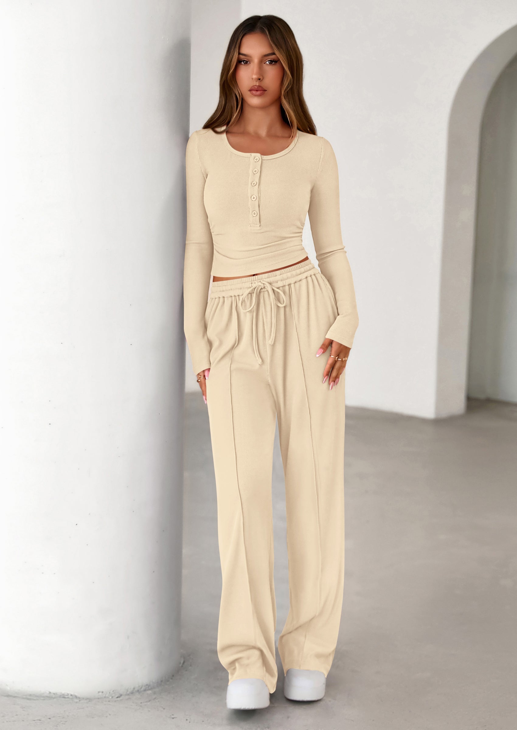 Osonn Women's Fall Trendy 2 Piece Outfits Lounge Sets Long Sleeve Top Henley Shirts Wide Leg Pants Travel Clothes