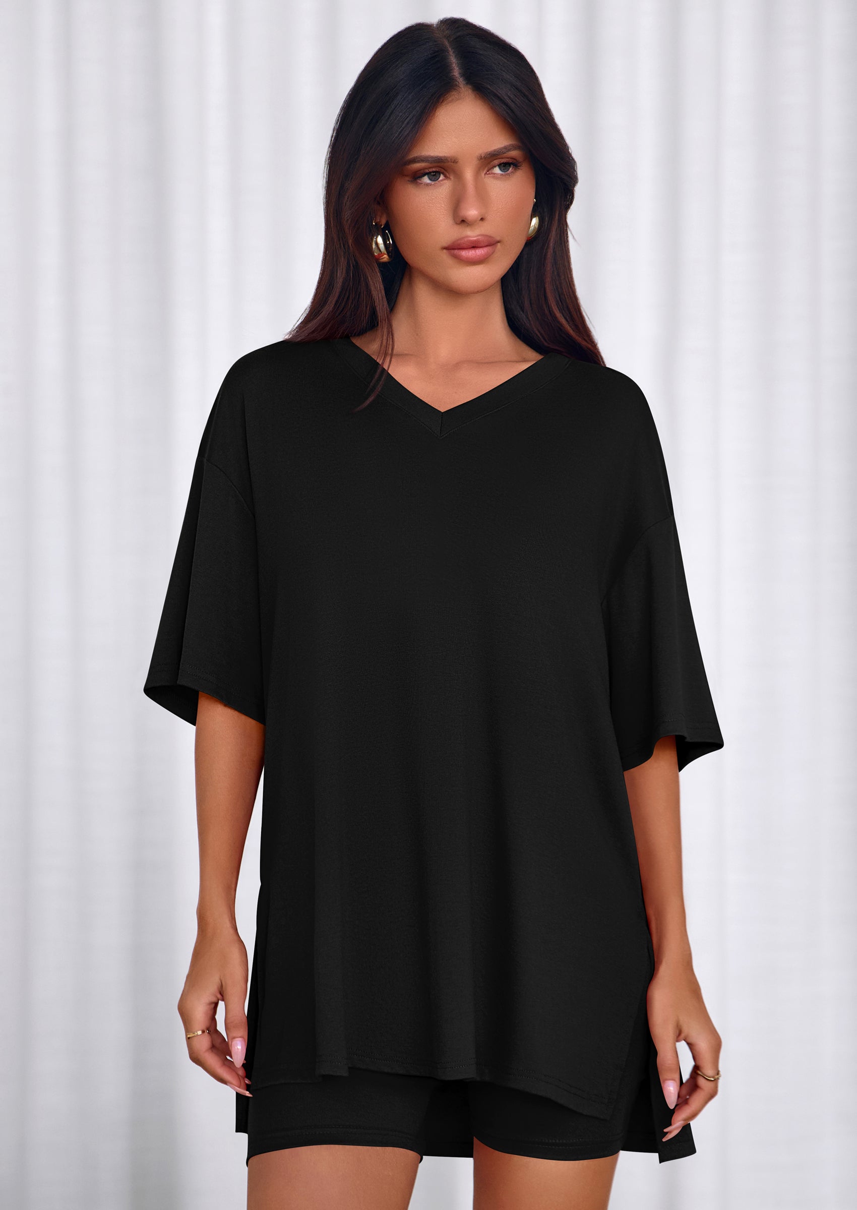 Osonn 2 Piece Sets for Women Summer Lounge Short Set Spring Matching Biker Shorts V Neck Oversized Shirt Clothing