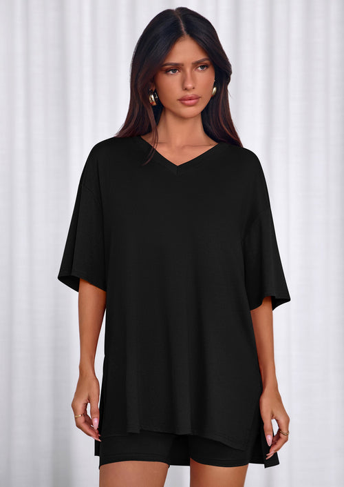 Osonn 2 Piece Sets for Women Summer Lounge Short Set Spring Matching Biker Shorts V Neck Oversized Shirt Clothing