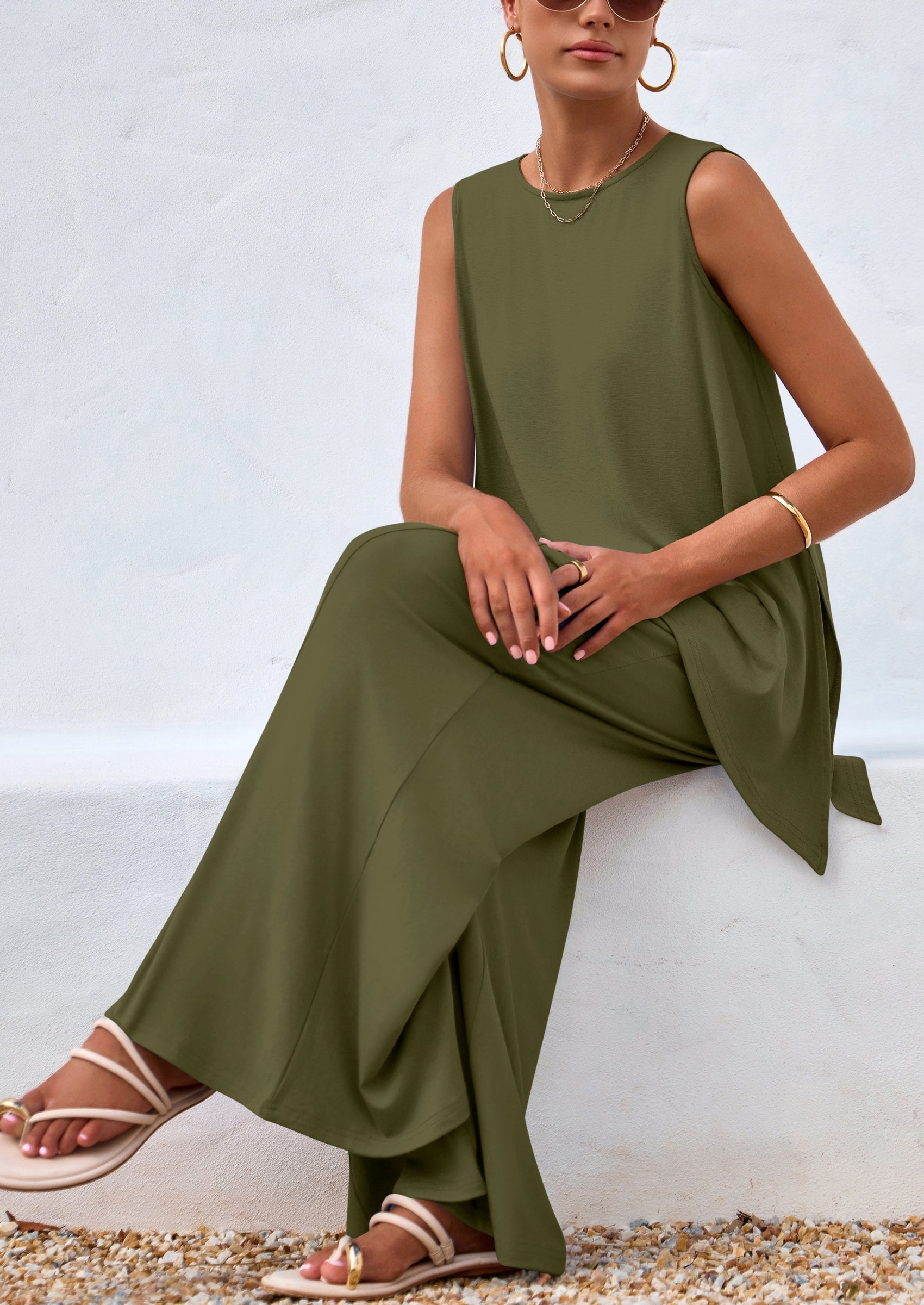 Osonn Women's Two Piece Matching Lounge Sets Asymmetrical Split Tank Tops Wide Leg Pants Summer Outfits Tracksuit