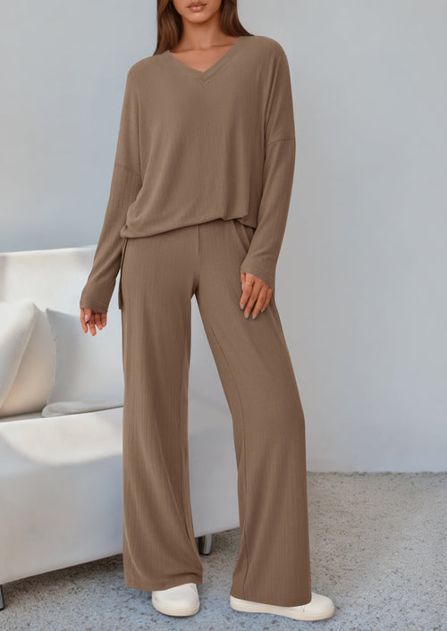 Osonn 2 Piece Lounge Sets for Women Fall Outfits Casual Loose Long Sleeve Tops Wide Leg Pants Matching Pajama Set