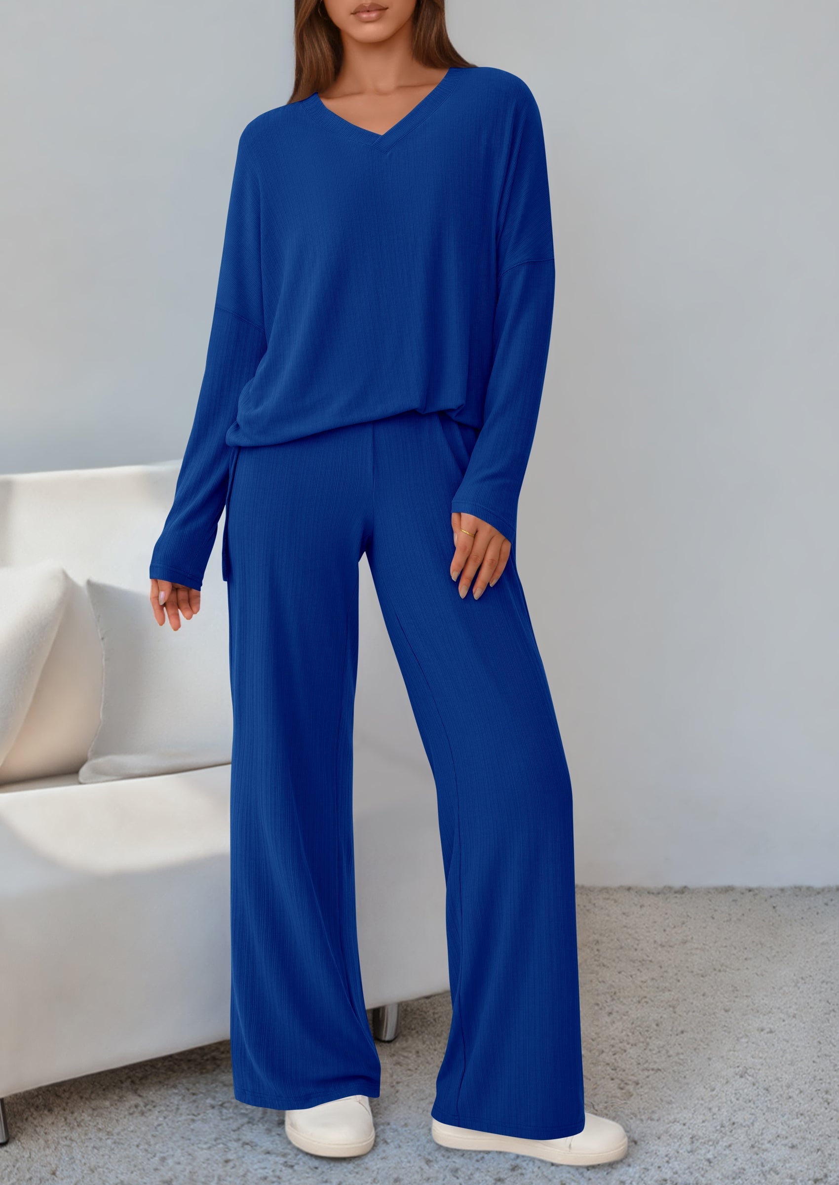 Osonn 2 Piece Lounge Sets for Women Fall Outfits Casual Loose Long Sleeve Tops Wide Leg Pants Matching Pajama Set