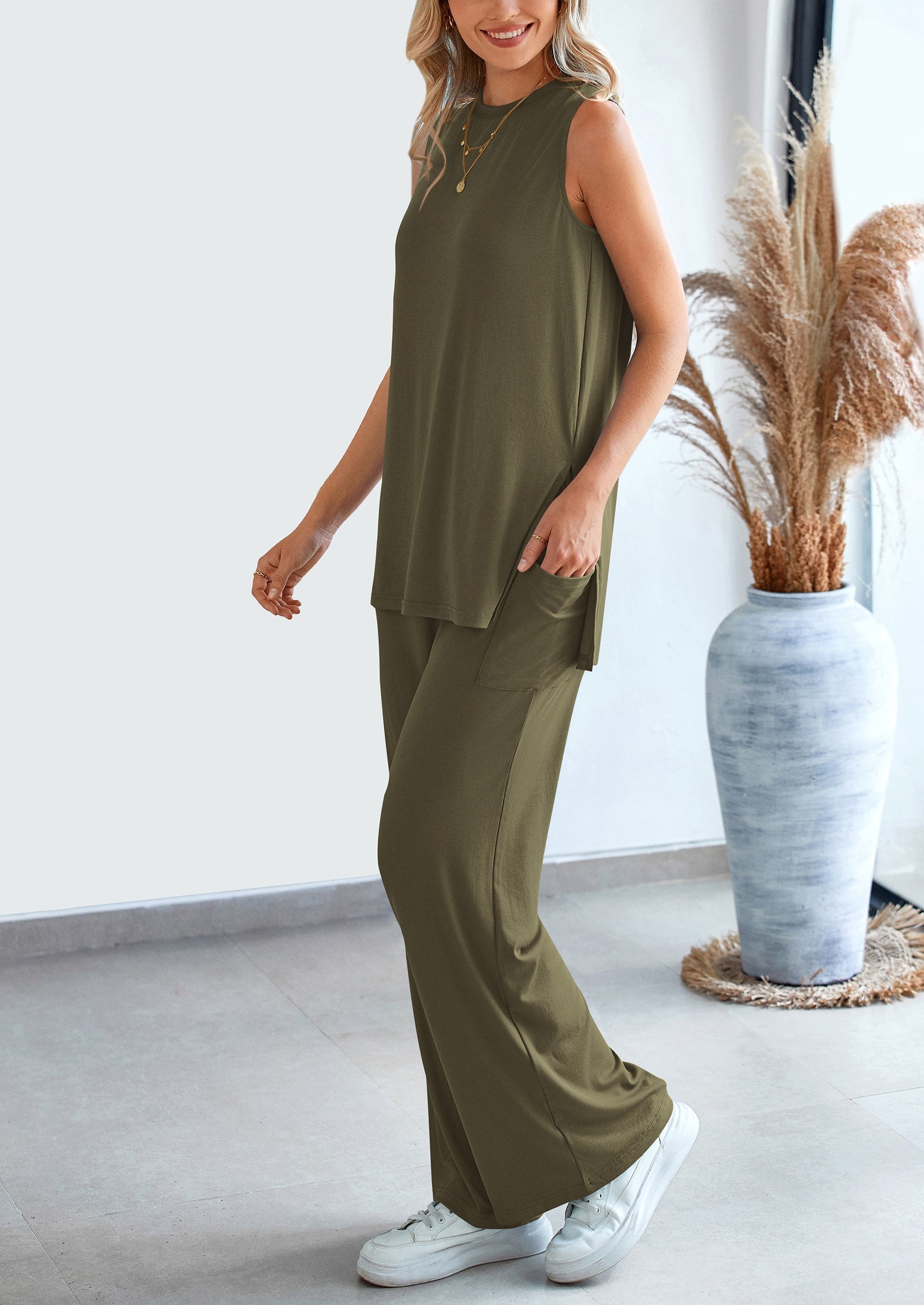 Osonn 2 Piece Set Loose Tank Top Wide Leg Pants Casual Matching Outfits Tracksuit