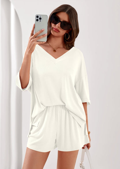 Osonn Womens 2 Piece Sets Oversized Vneck Half Sleeve Tops Shorts Lounge Set Casual Summer Travel Beach Outfits