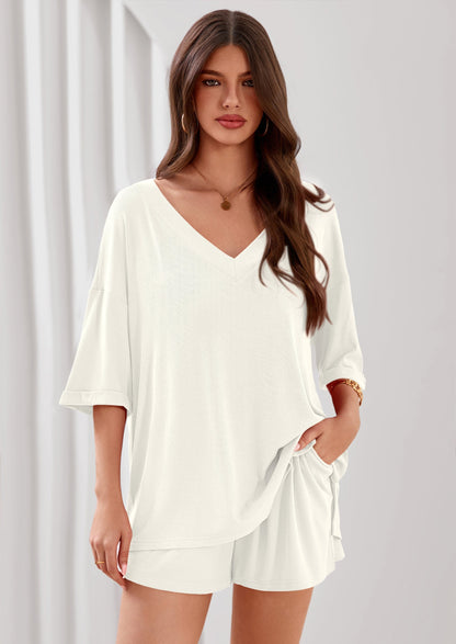 Osonn Womens 2 Piece Sets Oversized Vneck Half Sleeve Tops Shorts Lounge Set Casual Summer Travel Beach Outfits