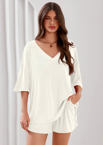 Osonn Womens 2 Piece Sets Oversized Vneck Half Sleeve Tops Shorts Lounge Set Casual Summer Travel Beach Outfits