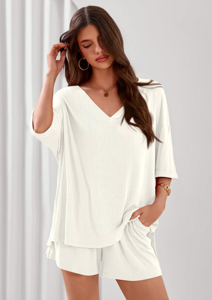Osonn Womens 2 Piece Sets Oversized Vneck Half Sleeve Tops Shorts Lounge Set Casual Summer Travel Beach Outfits