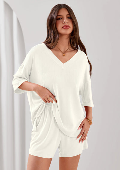 Osonn Womens 2 Piece Sets Oversized Vneck Half Sleeve Tops Shorts Lounge Set Casual Summer Travel Beach Outfits