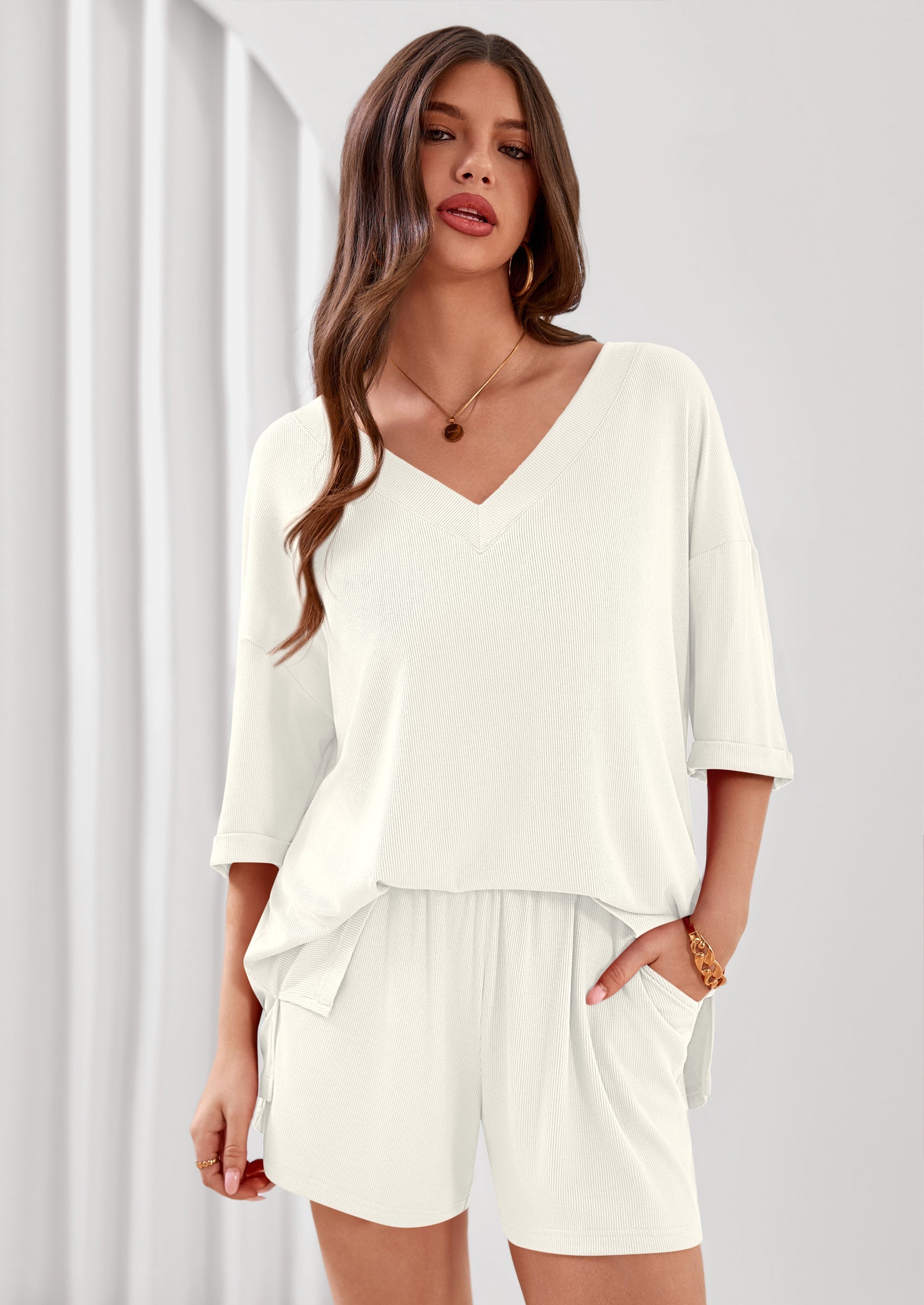 Osonn Womens 2 Piece Sets Oversized Vneck Half Sleeve Tops Shorts Lounge Set Casual Summer Travel Beach Outfits