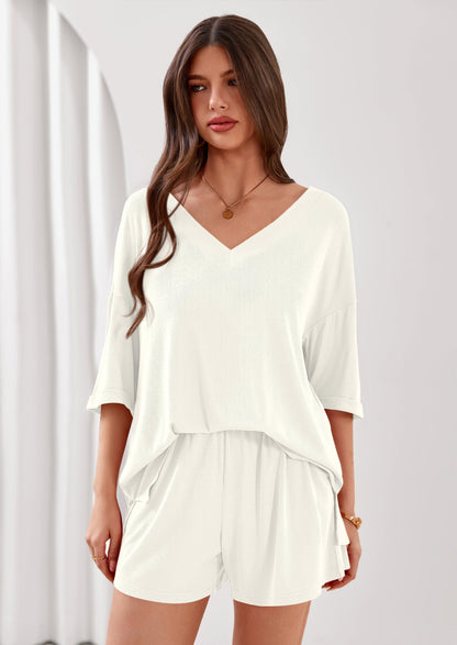 Osonn Womens 2 Piece Sets Oversized Vneck Half Sleeve Tops Shorts Lounge Set Casual Summer Travel Beach Outfits