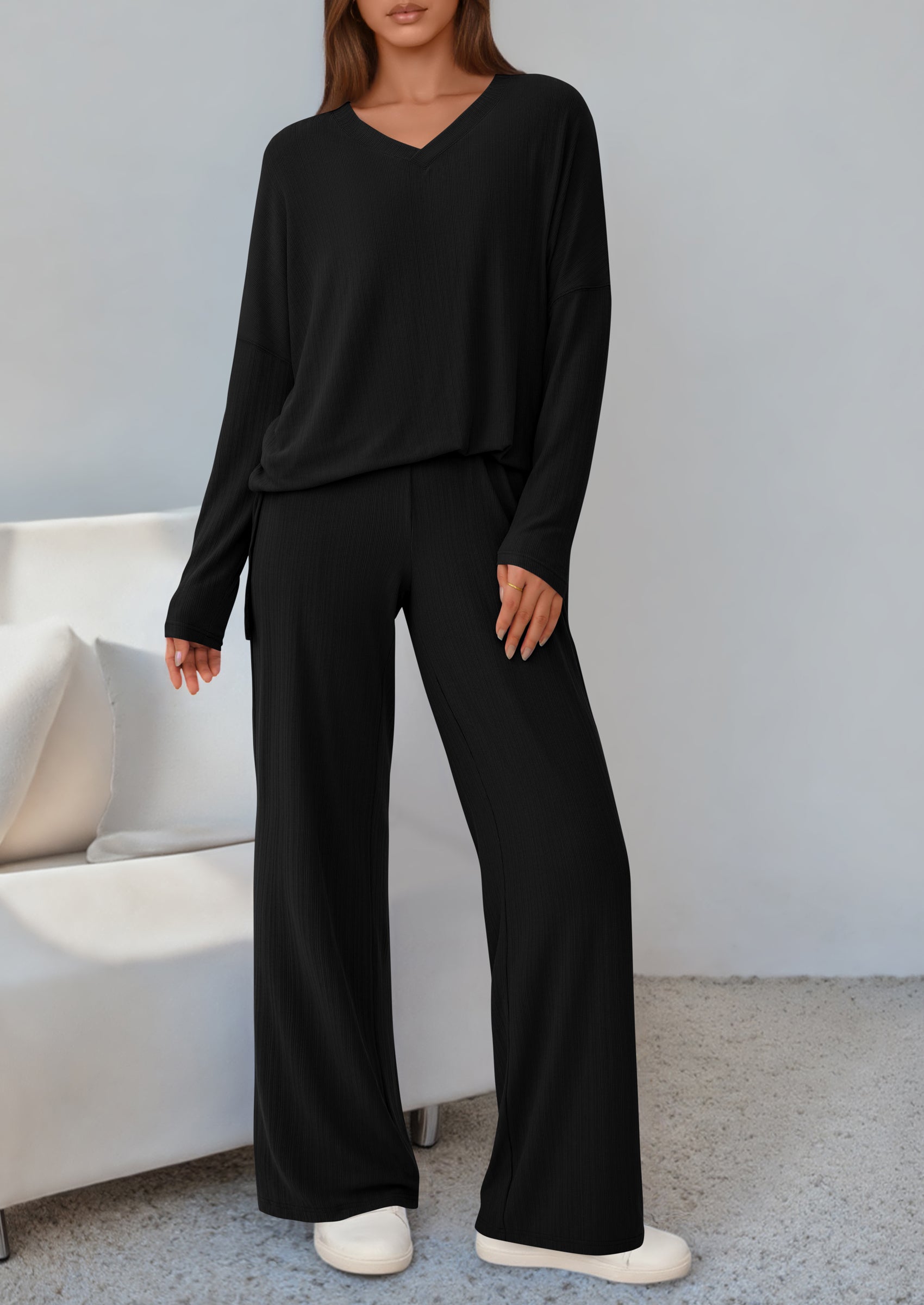 Osonn 2 Piece Lounge Sets for Women Fall Outfits Casual Loose Long Sleeve Tops Wide Leg Pants Matching Pajama Set