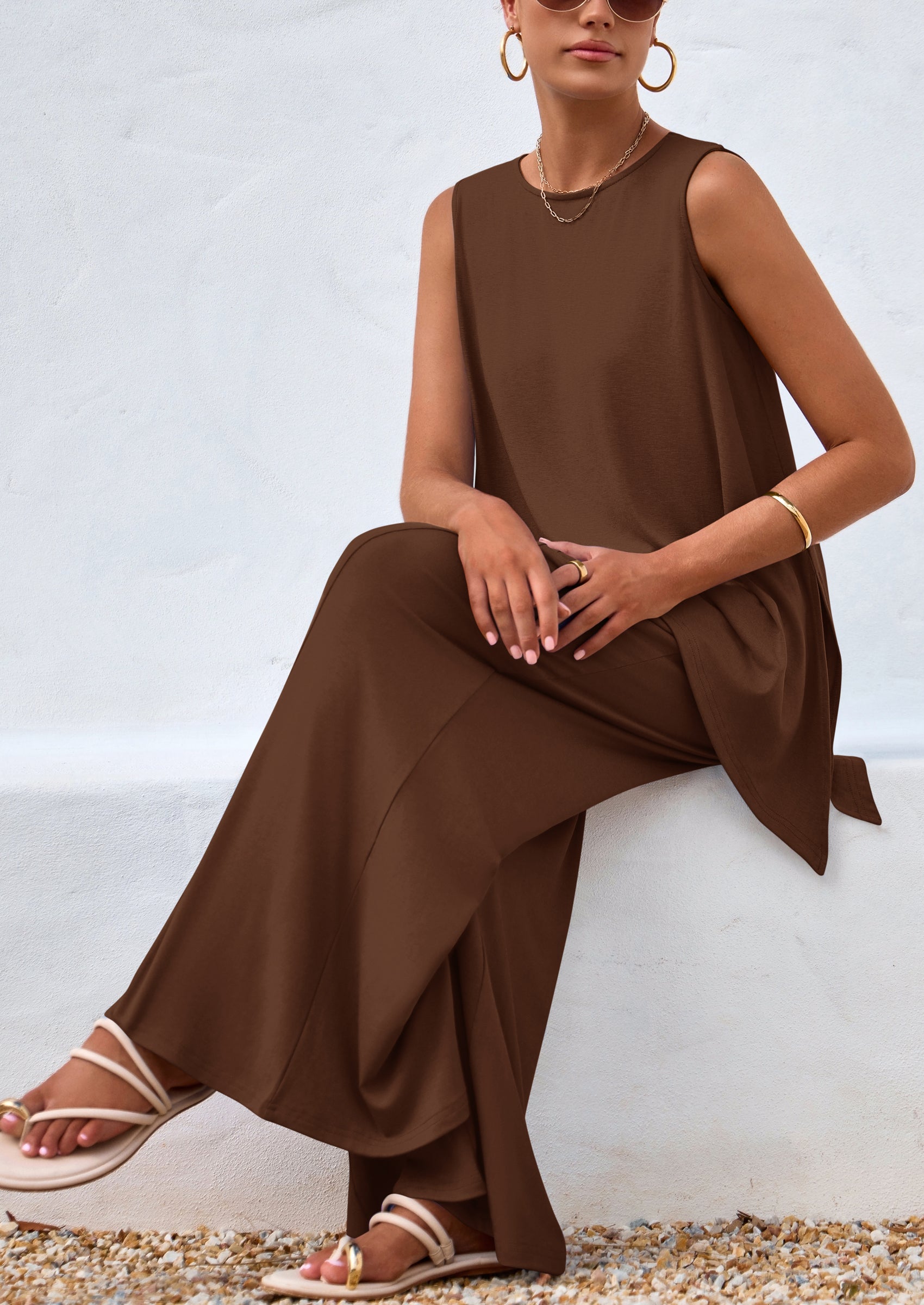 Osonn Women's Two Piece Matching Lounge Sets Asymmetrical Split Tank Tops Wide Leg Pants Summer Outfits Tracksuit