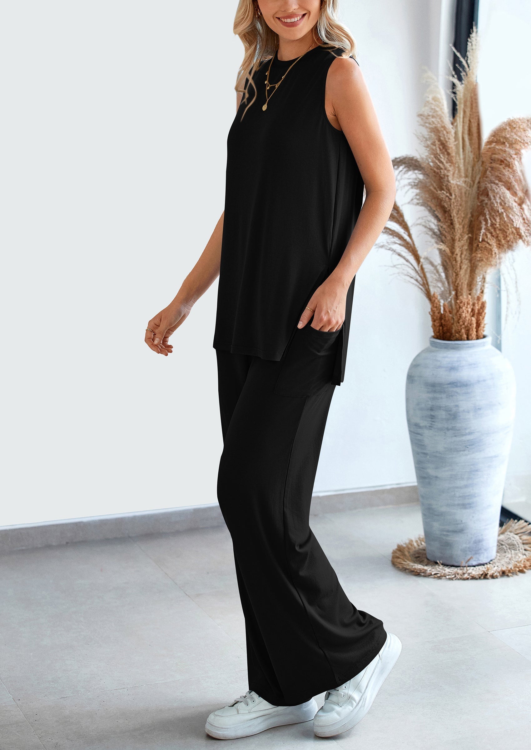 Osonn 2 Piece Set Loose Tank Top Wide Leg Pants Casual Matching Outfits Tracksuit