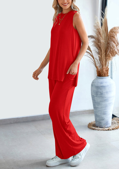 Osonn 2 Piece Set Loose Tank Top Wide Leg Pants Casual Matching Outfits Tracksuit