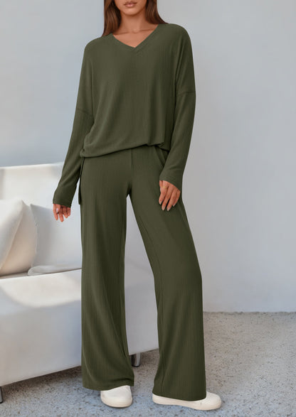Osonn 2 Piece Lounge Sets for Women Fall Outfits Casual Loose Long Sleeve Tops Wide Leg Pants Matching Pajama Set